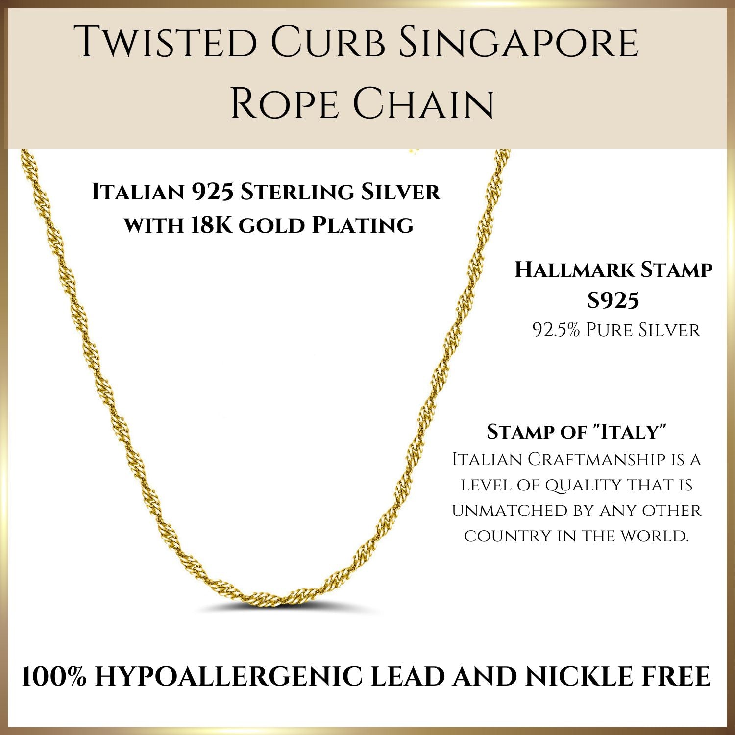 Twisted Curb Singapore 1.5mm Rope Chain Necklace |  925 Sterling Silver or 18K Yellow Gold Plated - Adora Fine Jewelry