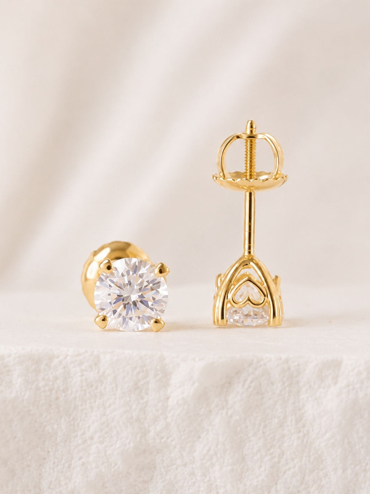 Round Moissanite Yellow Gold Heart Gallery Stud Earrings