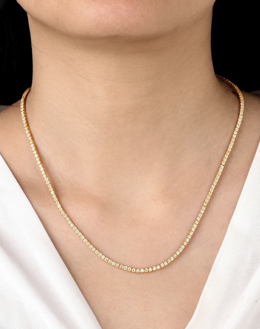 Newly Launched! Round Moissanite Tennis Necklace | D Color VVS Moissanite 12.7–14.5 CTW | 16"–18" | Platinum Plated or 14K Yellow Gold Plated Sterling Silver | Brilliant Gift for Her