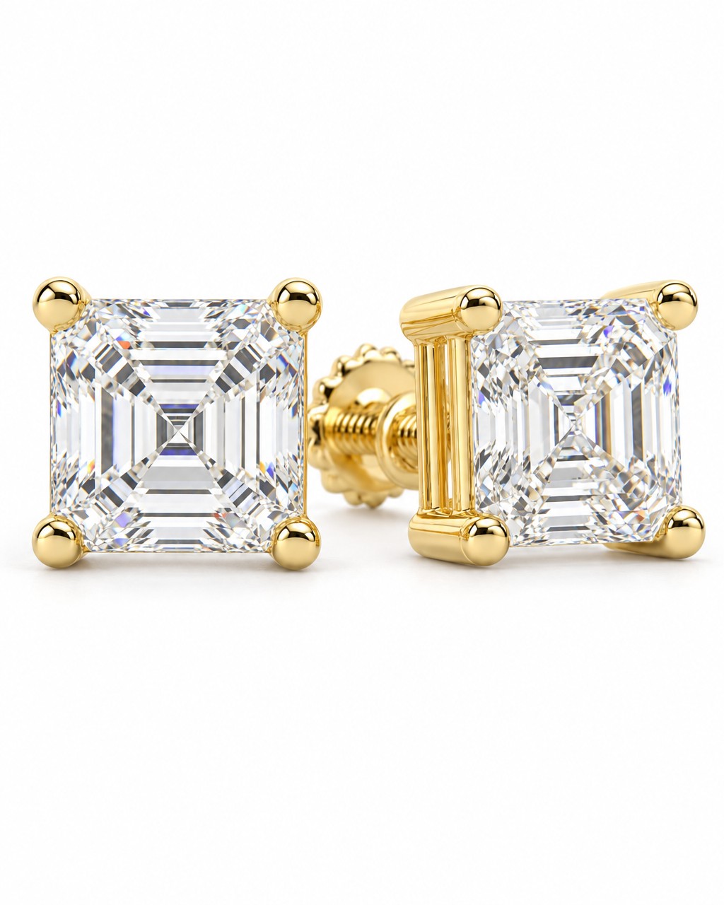 14K Solid Gold Asscher Cut Moissanite Solitaire Stud Earrings