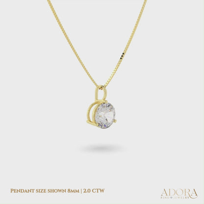 14K Yellow Gold Moissanite Round Cut Pendant Necklace | 3-Prong | 0.75 or 2.0 CTW | 16 or 18 Inch .80mm Box Link
