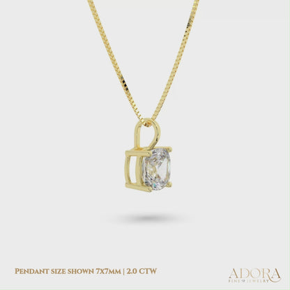 14K Yellow Gold Moissanite Cushion Shape Pendant Necklace | 7x7mm | 2.0 CTW | 16 or 18 Inch .80mm Box Link