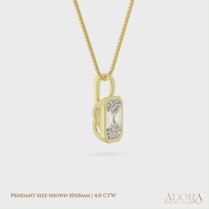 14K Yellow Gold Moissanite Emerald Cut Bezel Pendant Necklace |  1.10 or 4.0 CTW | 16 or 18 Inch .80mm Box Link