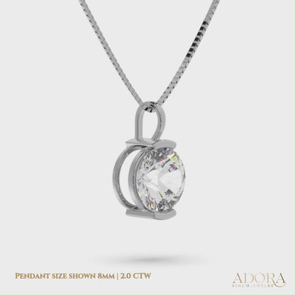 14K White Gold Moissanite Round Cut Half Bezel Pendant Necklace | 2.0 CTW | 16 or 18 Inch .80mm Box Link