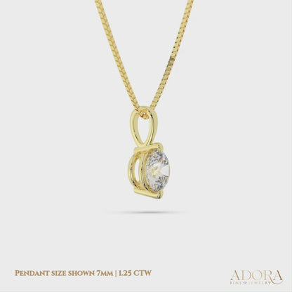 14K Yellow Gold Moissanite Round Cut Pendant Necklace | 2-Prong | 7.0mm | 1.25 CTW | 16 or 18 Inch .80mm Box Link
